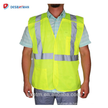 Gelbe Mesh Construction Tool hohe Sichtbarkeit reflektierende Sicherheitsweste ANSI 107 Hallo Vis Workwear Weste mit Taschen